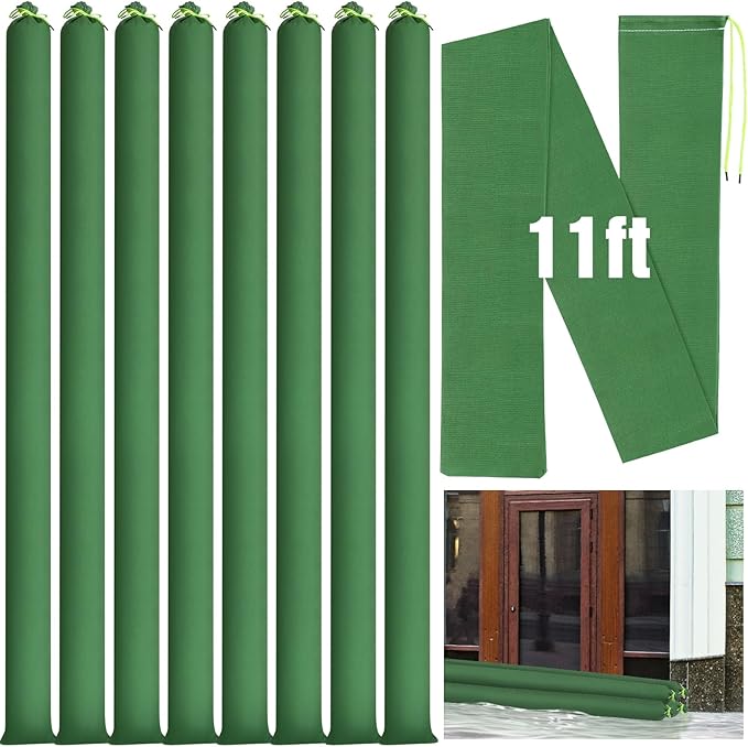 Threan 8 Pcs Long Canvas Sandbags for Flooding Sand Tube Bags Flood Protection Thickened Reusable Rain Wind Flood Barrier with Elastic Band Water Barrier Tube for Door Rain Control, Green (11ft)