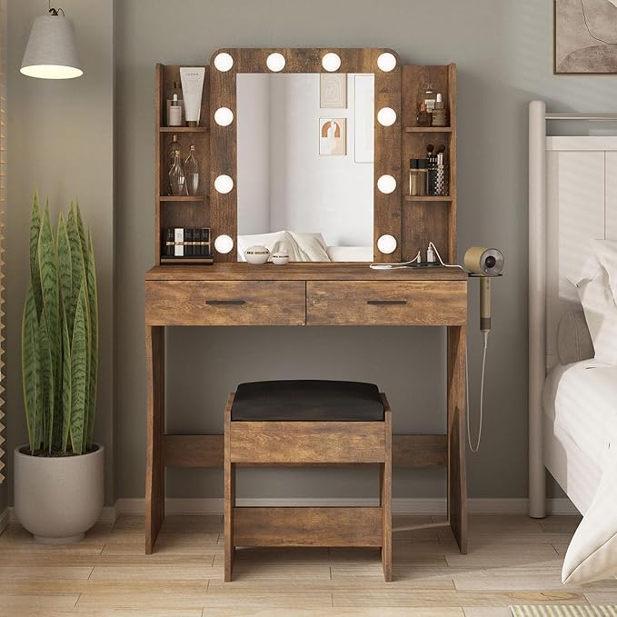 Vabches Vanity Desk with Lights,Makeup Vanity with Power Strip,Dressing Table Set with 2 Large Drawers,Vanity Mirror 3 Lighting Color Adjustable,Rustic Brown