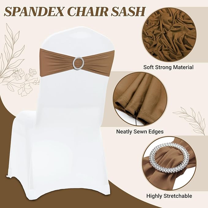 VDS - Mocha | Spandex Chair Sashes Bows | 300 PCS | Stretch Elastic Banquet Universal Folding Chair Band Tie with Silver Buckle Slider for Wedding Party Conference Celebration Event Decoration