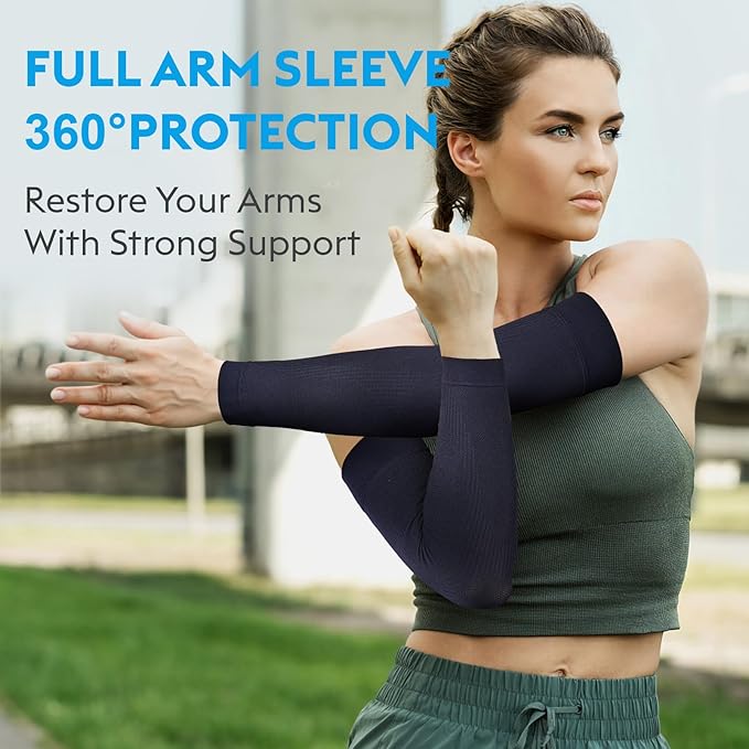 KEKING® Compression Arm Sleeves, Firm 20-30mmHg Graduated Compression Full Arm Support for Recovery, Pain Relief, Tendonitis, Golfers & Tennis Elbow Brace, Workouts Sports - Latex Free Dark Blue XXL