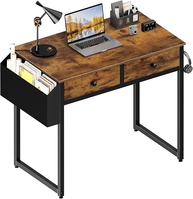 Lufeiya Small Computer Desk with 2 Drawers for Bedroom, 31 Inch Home Office Desk with Storage Fabric Drawer and Bag, Study Writing Table for Small Spaces, Rustic Brown