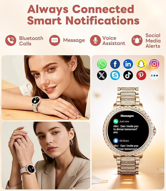 Smart Watch for Women Diamond, Bluetooth Calls, 1.32-inch HD Screen Round Fitness Tracker with Menstrual Cycle/Sleep/Heart Rate Monitor, 100+ Sports Mode, Android/iOS Phone, Rose Pink