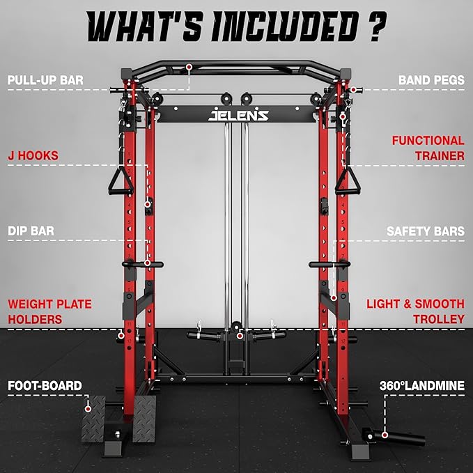 JELENS C12 Squat Rack for Home Gym, 2000LBS Power Rack with Adjustable Pulley System, Power Cage Workout Equipment with LAT Pulldown and Training Attachment