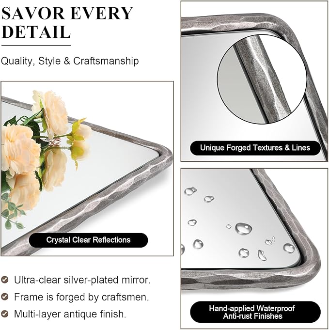 ANDY STAR Hand-Forged Silver Bathroom Mirror for Wall, 24x36 Inch Vintage Solid Steel Metal Frame Bathroom Vanity Mirror, Antique Rounded Rectangle Wall Mirror, Hangs Horizontally or Vertically
