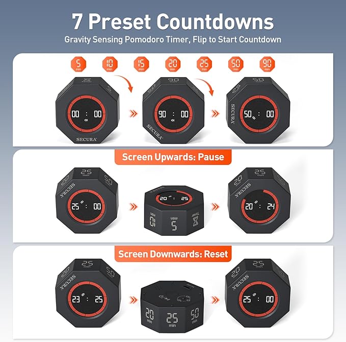 Secura Pomodoro Timer, Rotating Cube Time Tracker, Flip Gravity Sensor with 7 Presets(5/10/15/20/25/50/90 Min), Visual Progress Bar for ADHD, Kids, Tasks, Work, Study (Dark Gray)