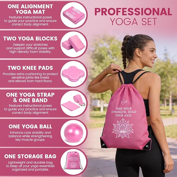 Foldable Yoga Mat and Blocks Set for Women with 2 Pack Yoga Blocks and Strap,Thin Non Slip Pilates Mat with Bag, Home Workout Equipment Essentials Starter Kit for Beginners Full Body Toning