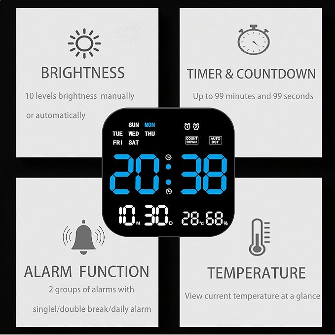 Large Digital Wall Clock with Date,Timer, Dimmer, Temperature,Humidity, Auto DST,Decor for Living Room, Bedroom, Office, Gym, Garage (Blue) 8803
