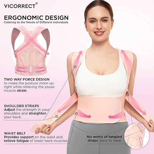Vicorrect Posture Corrector for Women and Men: Back Support Brace Relieve Upper Back Shoulders Pain (Pink, Small)