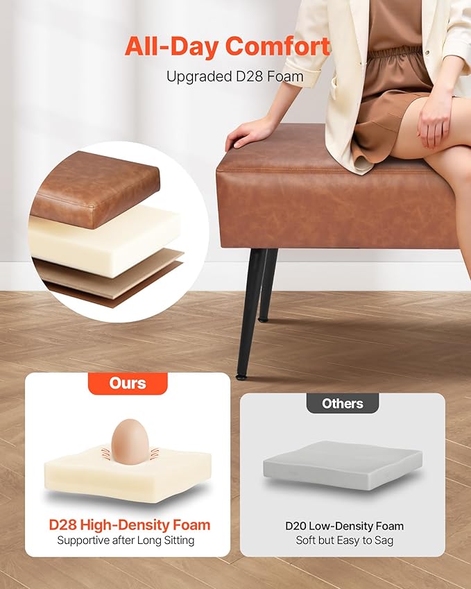 VEVOR Leather Bedroom Bench, PU Leather Bench with Metal Legs and with Stitching for Entryway, Upholstered Shoe Bench Seat, Modern End of The Bed Benches for Living Room, Dining Room, Hallway, Brown