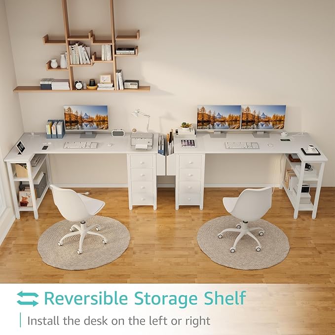Lufeiya White L Shaped Computer Desk with Drawers & Storage Shelves, 63 Inch Reversible Corner Desk with Power Outlet for Home Office Bedroom, L-Shaped Teen PC Desks with Fabric Drawer, White