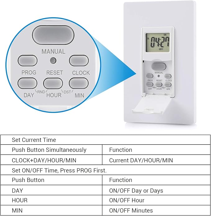 DEWENWILS Indoor in Wall Timer Switch for Light, Single-Pole,7 Day, 7 ON/Off Settings, DST RND Mode, Programmable Digital Switch Timer for Lights, Fans, Motors, Neutral Wire Required, ETL Listed