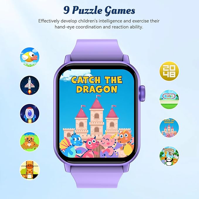 Smart Watch for Kids, 12 Puzzle Games HD Touch Screen Watches, Step Counter, Heart Rate/Sleep Monitor, Flashlight, Music Player,12/24 hr Educational Toys Birthday Gifts for Girls Ages 6-12 (Purple)