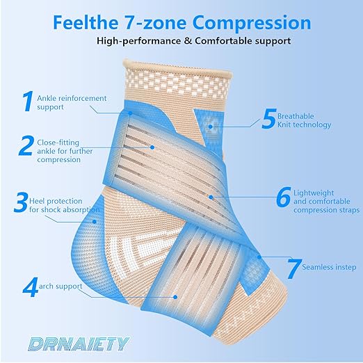 DRNAIETY Copper Ankle Brace for Men & Women - 1 Pair Adjustable Ankle Support Compression Sleeve for Plantar Fasciitis, Achilles Tendonitis, Foot Pain, Swelling, Sprains - Everyday Use (Skin Tone, X-Large)