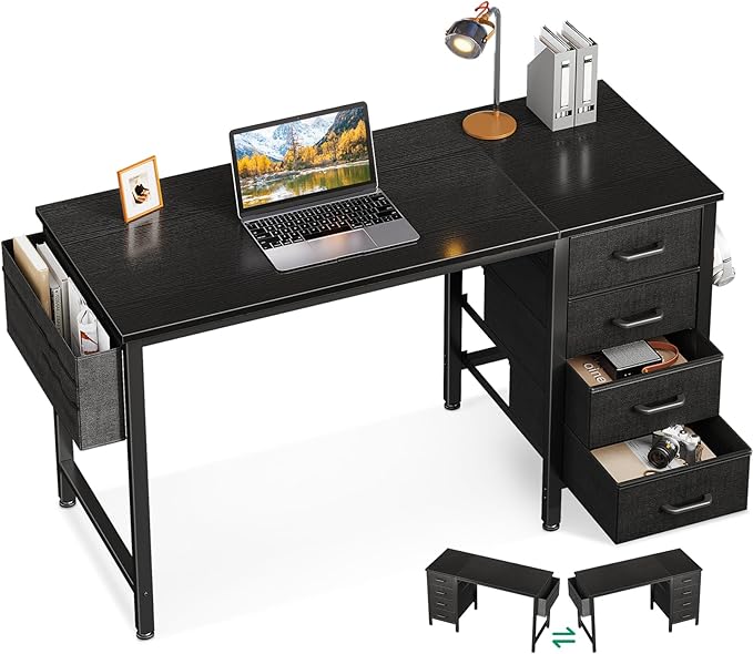 Casaottima 40-Inch Small Computer Desk with 4 Fabric Drawers — Home Office Desks with Storage, Writing Desk with Side Hook and Cloth Bag, Modern Study/Work Table for Bedroom and Small Space, Black