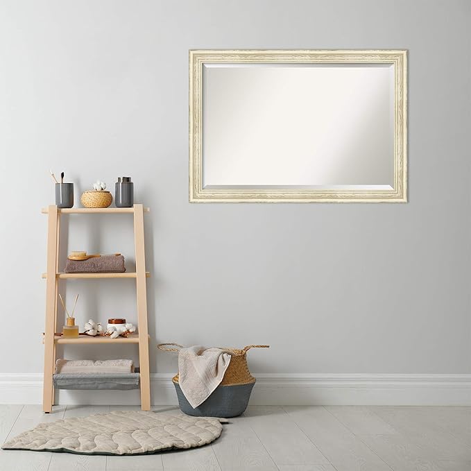 Amanti Art White Bathroom Mirror for Over Sink, 29x41 Country White Wash Rectangle Vanity Mirror, Large Rustic Farmhouse Wood Frame, Hangs Horizonally and Vertically, Bathroom Wall Decor, Beveled Edge