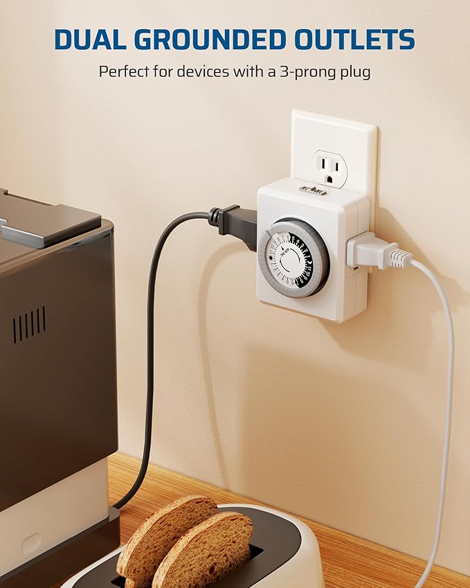DEWENWILS24 Hour Cycle Plug-in Mechanical Timer, Indoor Timer for Electrical Outlets, 30-Minute Intervals, Dual 3 Prong Outlets, 125V 15A for Room Lights, Lamps, ETL Listed, 1 Pack