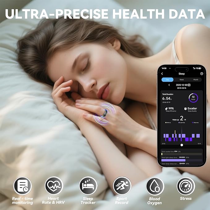 Smart Ring for Women Men,Fitness Ring with 24/7 Activity Tracking,Stress,Sleep Monitoring,No APP Subscription Fees,Compatible with iOS & Android, HarmonyOS Black, 10#