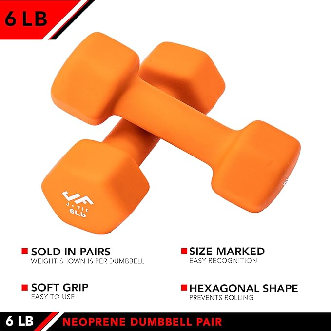 JFIT Dumbbell Pairs or Sets – Neoprene & Vinyl Coated Hand Weights for Home Gym, Strength Training, Aerobics, Cardio Exercise and Fitness