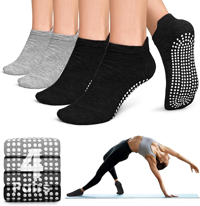 yeuG Pilates Socks for Women Non Slip Grip Socks for Yoga, Barre, Hospital, Barefoot Grippy Yoga Sock Womens Gifts 4 Pairs
