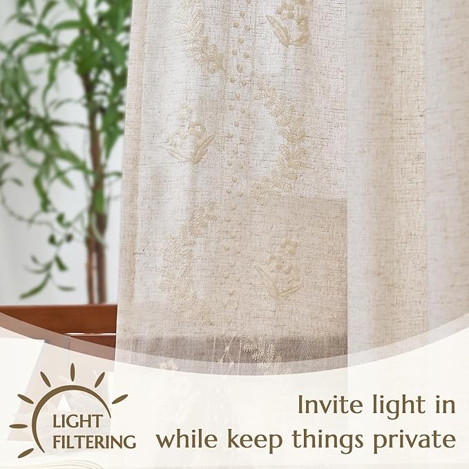 jinchan Belrose Linen Curtains for Bedroom Floral Curtains 84 Inch Length Linen Blend Ivory Embroidered Drapes Farmhouse Flower Patterned Drapes for Living Room Window Treatments Set 2 Panels