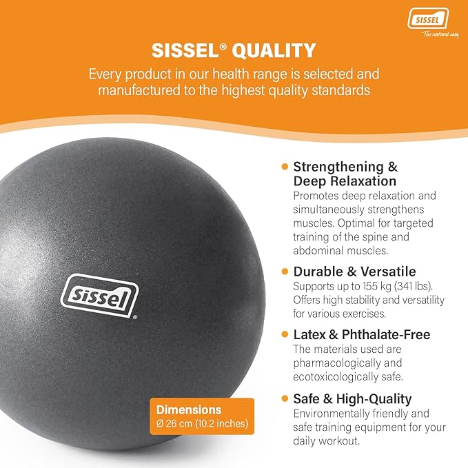 SISSEL Pilates Soft Ball Gray | 8.5 in | Phthalate- & Latex-Free PVC | for Deep Relaxation & Muscle Strengthening | 340 lbs Capacity | Includes Exercise Guide