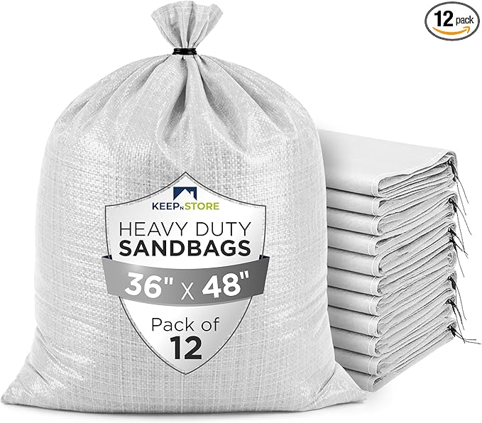 Heavy Duty Sand Bags Pack of 12, White Empty Sandbags with Built-In Ties, Woven Polypropylene UV Protection 1600 Hours, Fillable Bags for Flood Control, Weight, 36x48 inches, 175 Pounds Volume