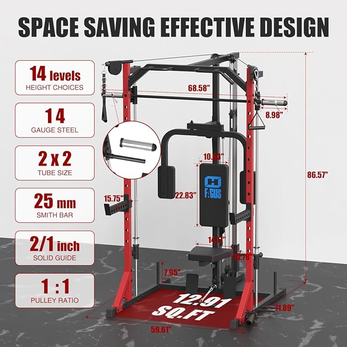 FAGUS Smith Machine Home Gym Power Cage with Pulley System, Space Saving Design Squat Rack with Full Body Strength Training Attachments, PEC Station & Fixed Cable Crossover Optional