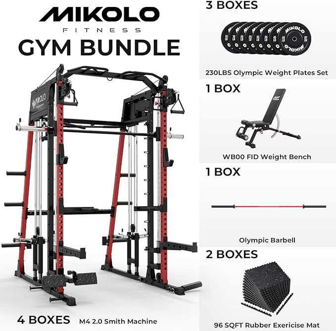 Mikolo M4 2.0 Smith Machine, 2200lbs Squat Rack with LAT-Pull Down System & Cable Crossover Machine, Training Equipment with Leg Hold-Down Attachment