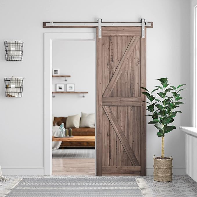 SMARTSTANDARD 5 Feet Brushed Nickel Barn Door Hardware Kit-Heavy Duty Sliding Track-Smoothly and Quietly-Easy to Install-Fit 30" Wide Door Panel (J Shape Hanger)