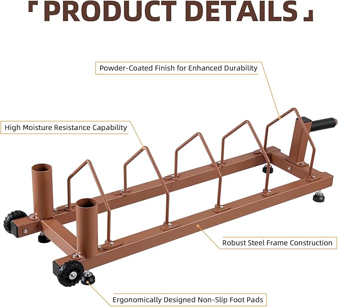 Olympic Barbell Plate Organizer with Steel Frame for home or gym,Horizontal Plate with Handle and Wheels, 300LBS Capacity, Brown