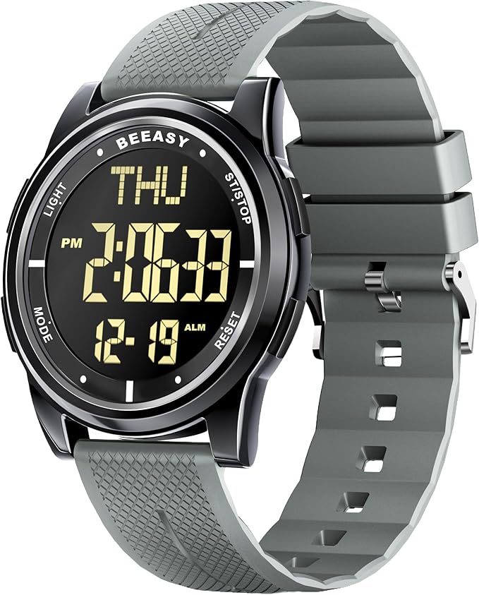 Beeasy Digital Watch for Men Women, 50M Waterproof, Ultra-Thin & Lightweight, 44mm Silicone Sports Watch with Alarm, Stopwatch, Countdown, Ideal for Gym, Running, School, Daily Wear