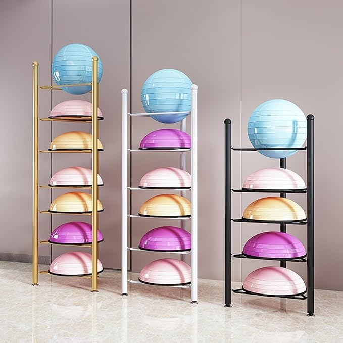 Exercise Half Balance Ball Trainer Holder Storage Rack - Home Fitness Gym Workout Equipment 3/5/6/7 Tier Floor Stand Corner Storage Organizer for Basketball Bowling Medicine Yoga Bosu Balls(White,5 la