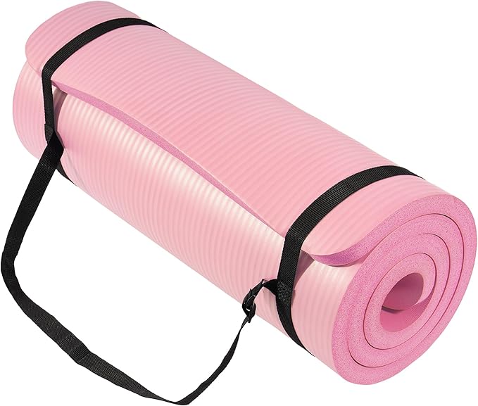 Signature Fitness 71x24 Inches Extra Thick Yoga Mat 1-Inch High-Density Foam – Roll-Up Exercise Pad with Double-Sided Non-Slip Surface and Carrying Strap for Pilates and Home Workouts, Multiple Colors