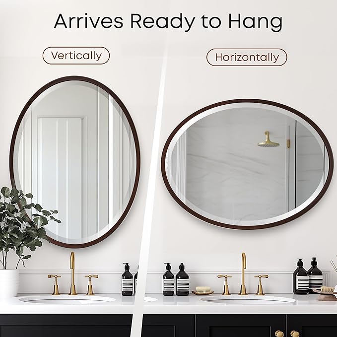 OVALCREST - Oval Wooden Beveled Wall Mirror for Home Decor, Bathroom, Vanity, Bedroom, Living Room, Hallway - London Style (Black Walnut) 25.1 x 37.1