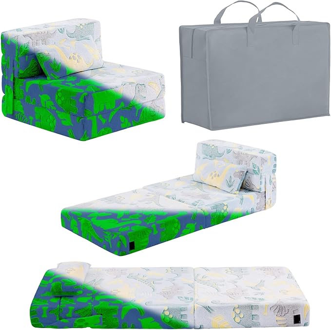 Folding Sofa Bed Floor Mattress for Kids With Pillow, Toddler Glow Washable Nap Mat for Sleeping, Child Fold Up Futon Chair Bed With Storage Bag for Girls Boys