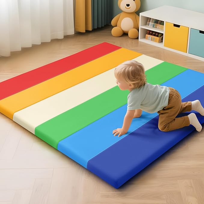 TODIBY Foam Baby Play Mat: PU Leather Waterproof Kids Playmat - Trifold Floor Mat - Large Play Mat for Playpen Thick Pad Fodable Mattress Soft Toddler Mattress Infant Cushion for Preschool (Rainbow)