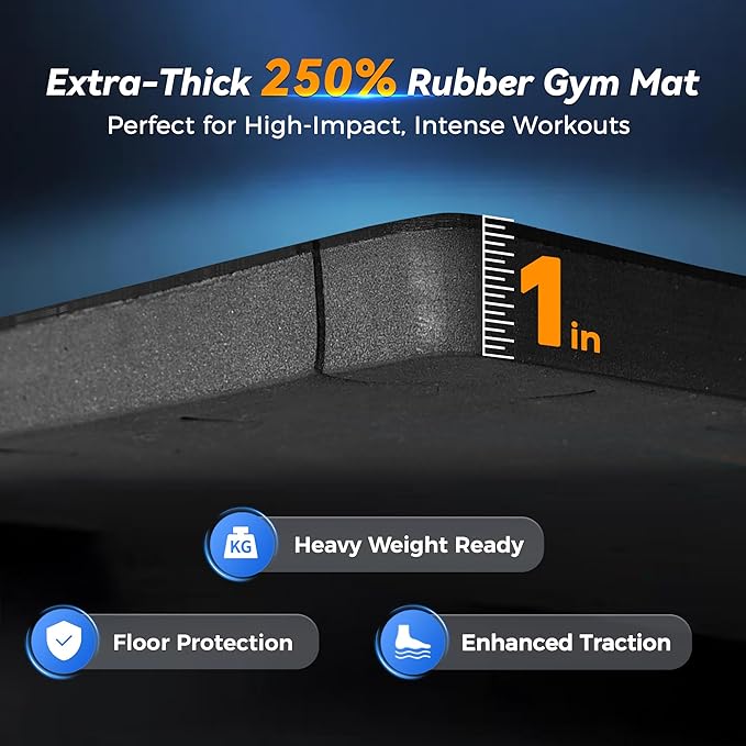 SUPERJARE 1" Extra-Thick Rubber Top Exercise Mat, Puzzle Gym Flooring for Home Gym, Gym Mat for Workout Equipment, Interlocking Floor Tiles with EVA Foam, 18 Pcs 72 Sq Ft, Black/Blue