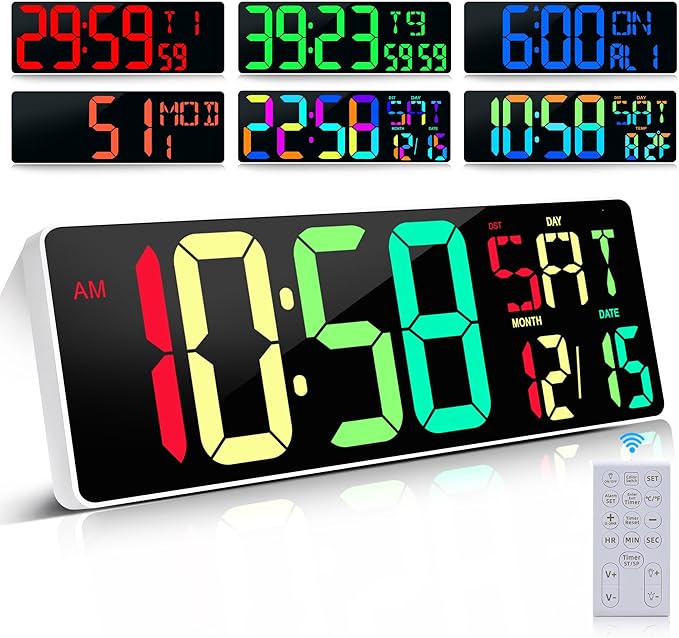 Large Digital Wall Clock Large Display 17.2" Big Digital Timer with 9 Groups Timer Remote Control for Gym Classroom 10 Colors Available for LED Wall Clock with Temperature Date Week DST Dynamic RGB