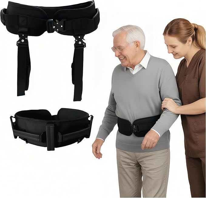 Gait Belt, Upgraded with Metal Buckle & Detachable Leg Straps, 7 Reinforced Handles, Transfer & Lift Belt for Seniors & Elderly, Walking Support and Mobility Assistance (Black, Medium)