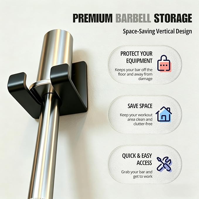 Olympic Barbell Hanger,Garage Gym Bar Wall Rack,Vertical Barbell Mount Rack,Space Saving Commercial or Home Gym Accessory,Holds Under 33mm Bar Size