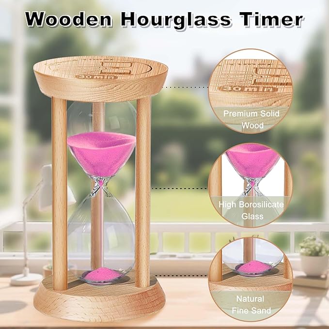 25 Minute Hourglass Sand Timer, Large Sand Clock Watch Timer with Pink Sand, Reloj De Arena, Wood Hour Glass Sandglass for Home, Office, Decorative, Game, Classroom
