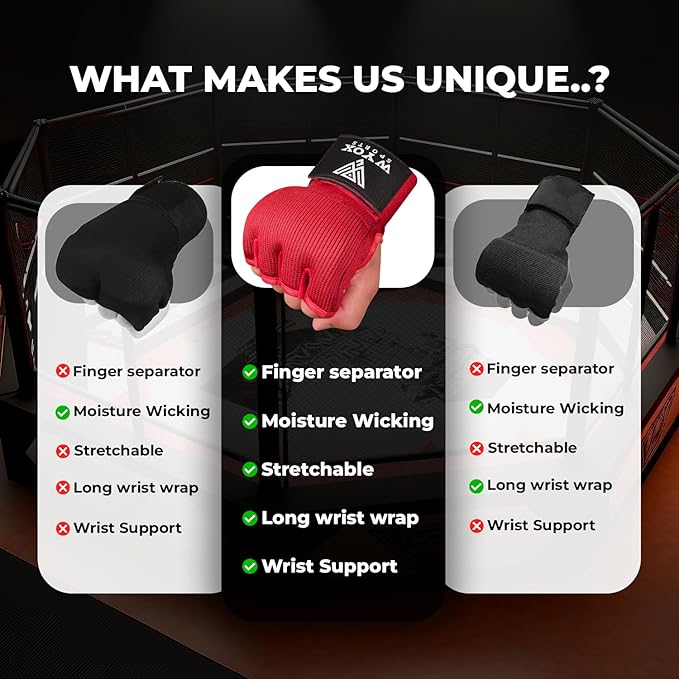 WYOX Gel Boxing Hand Wraps Inner Gloves for Men & Women – 80cm Quick Wrist Strap, Padded Knuckle Support, Fingerless MMA Muay Thai Kickboxing Wraps for Training, Punching & Martial Arts