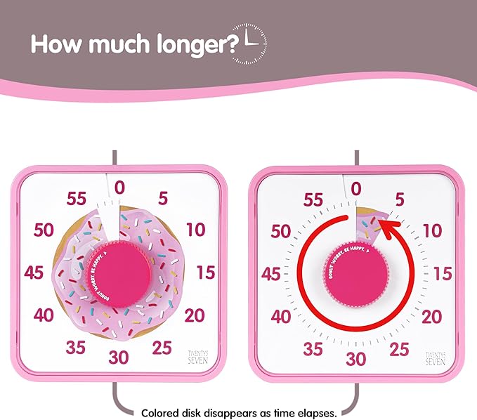 TWENTY5 SEVEN Countdown Timer 7.5 inch, 60 Minute 1 Hour Visual Timer for Classroom Teaching Tool Office Meeting, Mechanical Countdown Clock for Kids Exam Time Management Magnetic, Pink Donut