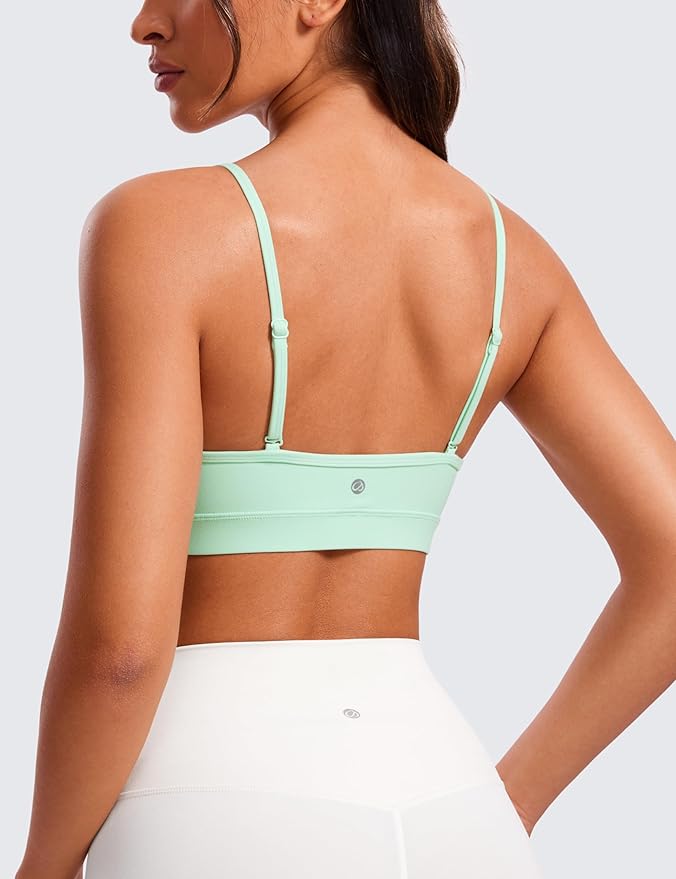 CRZ YOGA Butterluxe V-Neck Sports Bras for Women - Adjustable Thin Straps Padded Yoga Top Basic Wireless Camisole
