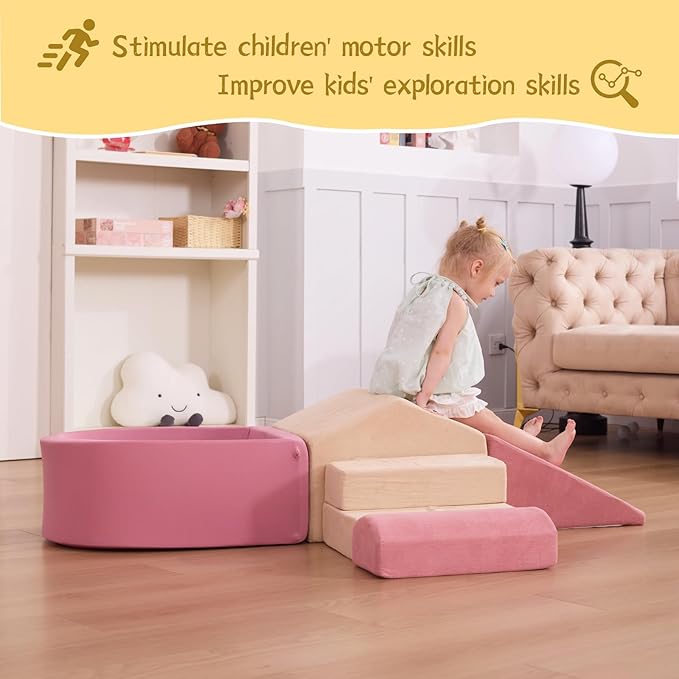Foam Climbing Blocks with Ball Pit, Climbing Toys for Toddlers, Foam Climb and Crawl Activity Playset Indoor, Soft Play Equipment for Toddler Crawling Sliding Playing (Excluding Balls)