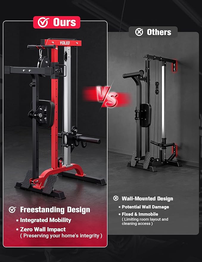 2-in-1 Adjustable Rowing & LAT Pulldown Station for Home Gym, Foldable Space Saver with 6 Attachments, Supports 450 Lbs Weight Plates & Dumbbell（and 10KG Dumbbell）