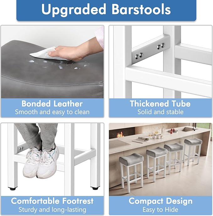 29 Inch Bar Height Bar Stools Set of 2, 29" Barstools for Kitchen Island Counter, Backless Bonded Leather Bar Height Stools with Thick Saddle Seats & Heavy Duty Metal Base, Easy Assembly, Gray/White