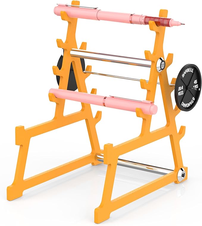 Metal Squat Rack Pen Holder with 8 Slots Mini Metal Barbell & Plastic Weight Blocks Holder Mini Barbell Desk Toy Funny Office Decor for Men Women Cool Pen Holder Gifts for Men (Yellow)