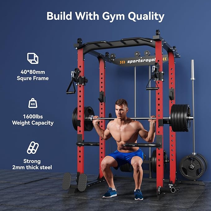 Sportsroyals Power Cage 1600lbs Power Rack with Adjustable Cable Crossover, Multi-Function Squat Rack with Pulley System and Training Attachments for Home Gym