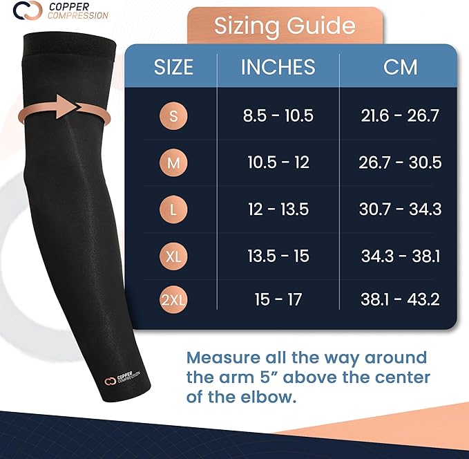 Copper Compression Arm Sleeve - Copper Infused Full Arm Brace for Forearm, Bicep, Triceps - Tennis Elbow, Basketball, Golf, Arthritis, Tendonitis, Bursitis, Post Surgery Rehab - Black - S